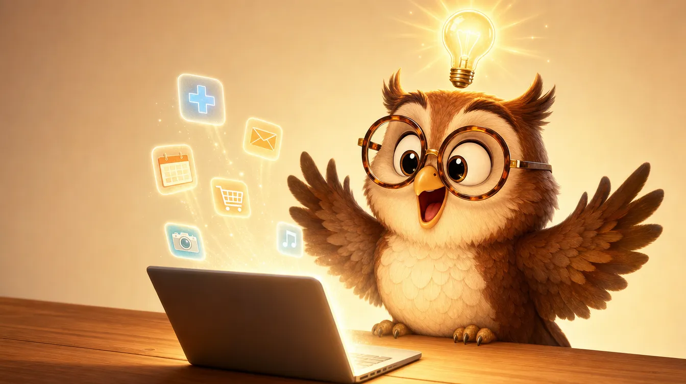 Owl having aha moment at laptop