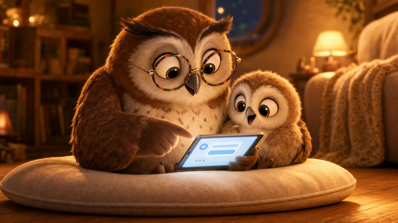 Owl teaching baby owl on tablet