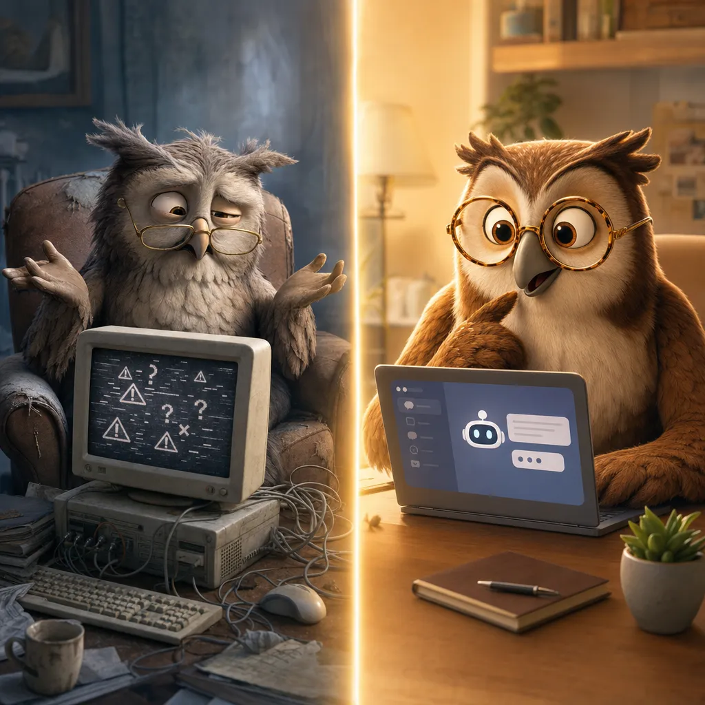 Two owls showing generational contrast with technology