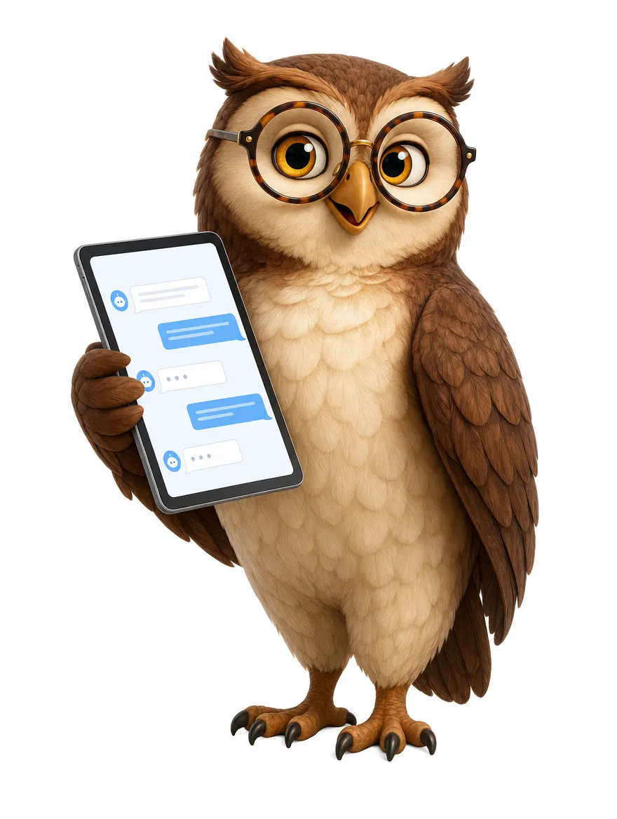 Scio owl mascot holding a tablet
