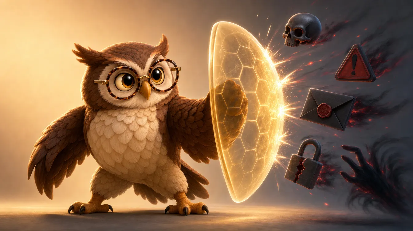 Owl with shield blocking scam threats