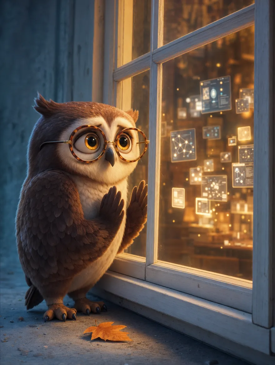 Owl looking through window at AI world